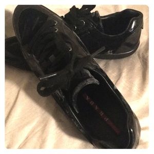 Black velour and parent leather Prada sneakers